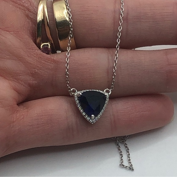 Vtg Sterling Silver Blue & White Trillion Cut Halo Necklace 18” + 1.8 Extender - Picture 4 of 9